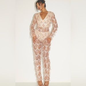Rose Gold Tassel Sequin Plunge Jumpsuit